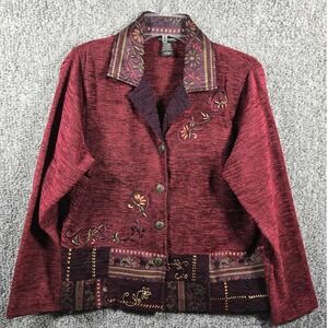 T & Company Button Front Jacket Red Embroidered‎ Patchwork Womens Size Small